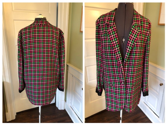 90s Rayon Pink, Green and Black Plaid Long Sleeve… - image 1