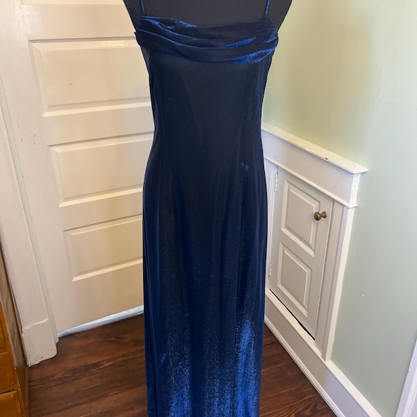 90s Royal Blue Metallic Knit Sleeveless Prom Dress Formal w/ Front and Back Drapes by Night Away Collections | Size Small