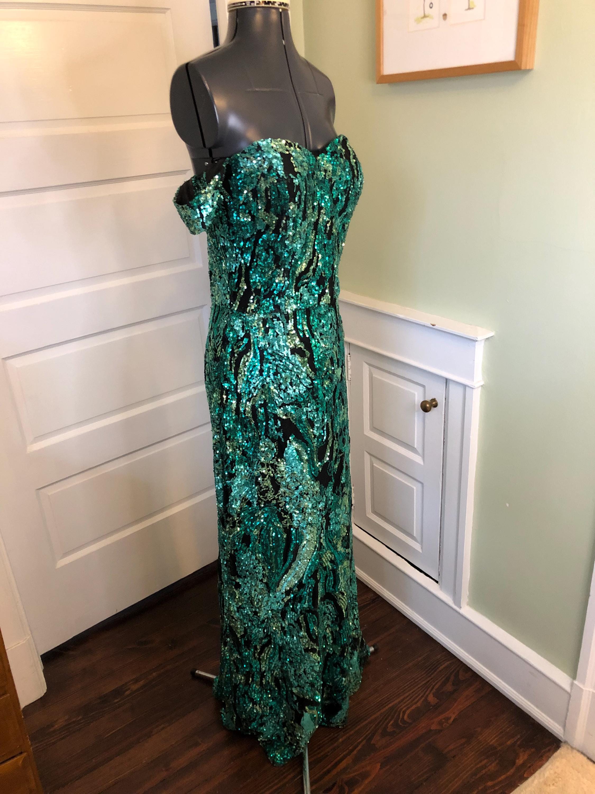 3 letter formal dress 90s Black With Three Colors of Green Sequins Gown Long With Drop Shoulders by Alyce Black Label | Size Medium Dress On Sale