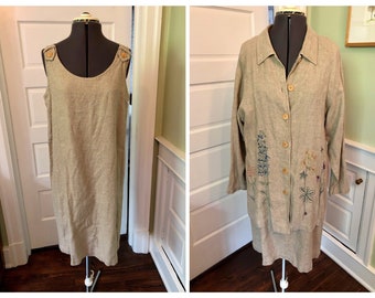 90s Tan Linen/Rayon Sleeveless Dress w/ Shoulder Tabs and Matching Long Sleeved Jacket w/ Floral Embroidery by Jessica Howard | Size M