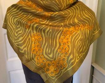 Vintage Acetate Square Scarf in Olive Green Swirls and Orange Flowers, Made in Japan | 25.5" x 26"