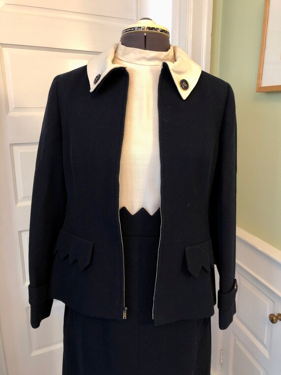 1960s Wool Blend Navy Blue Dress and Jacket Set With Zigzag 1960s Wool Blend Navy Blue Dress and Jacket Set With Zigzag