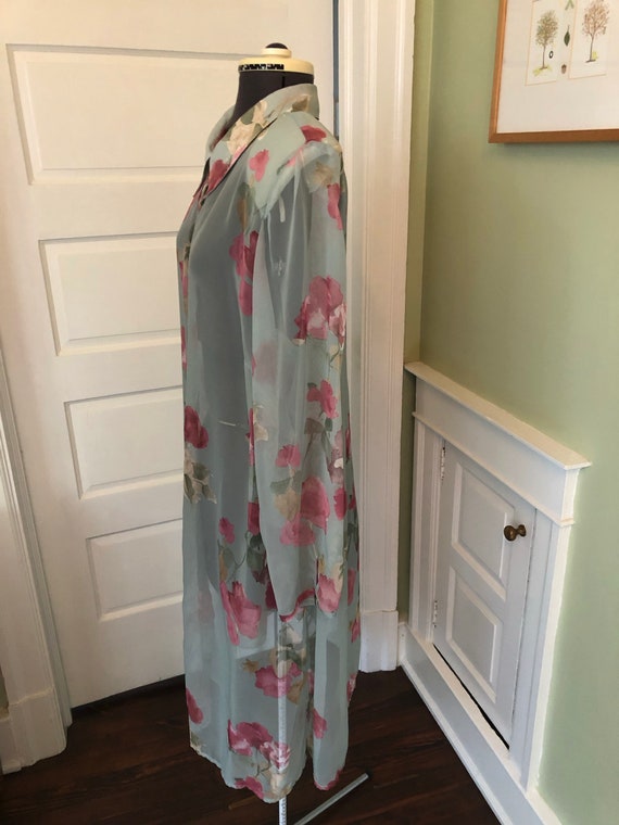 80s Sheer Oversized Aqua Floral Long Sleeved Butt… - image 3