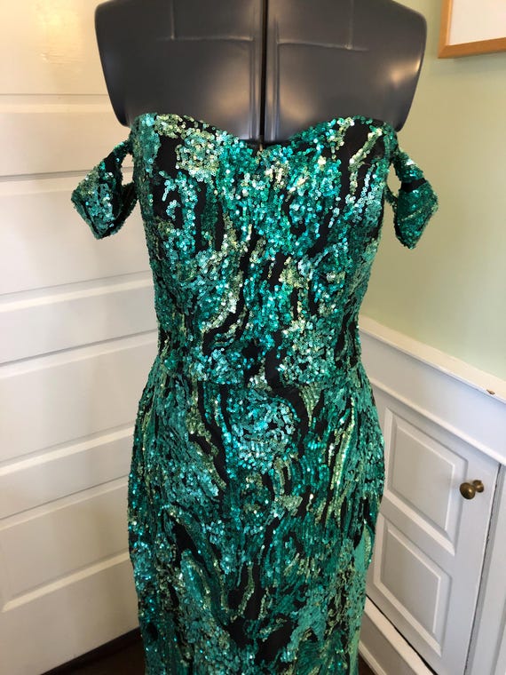 black and green sequin dress 90s With Three Colors of Sequins Formal Gown Long With Drop Shoulders by Alyce Black Label | Size Medium 100% Polyester Fit