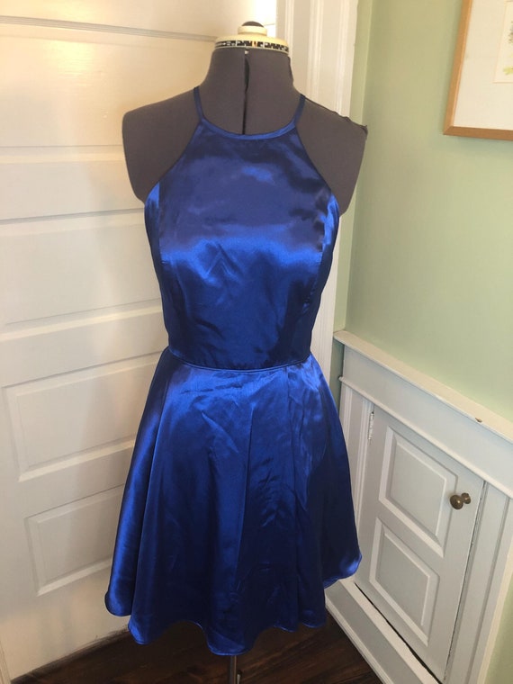 90s Royal Blue Satin Halter Party Dress With Pockets, Full Skirt, and Corseted Open Back by Blondie Nites by Stacy Sklar | Size Medium