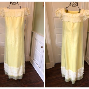 60s Long Pastel Yellow Chiffon Emma Domb Dress with White Lace Details | Size Small