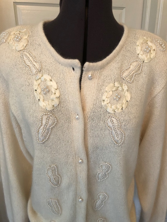 80s Off-White Silk and Angora Long Sleeved Button… - image 2