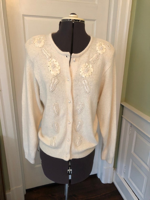 80s Off-White Silk and Angora Long Sleeved Button… - image 1