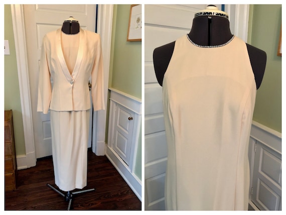 80s Light Gold Sleeveless Crepe Formal Dress and … - image 1