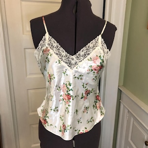 80s Victoria&#39;s Secret White Floral Satin Camisole with Spaghetti Straps and Lace V-Neckline | Size S P