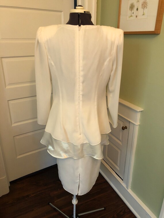 80s Off-White Crepe Chiffon Long Sleeved Dress wi… - image 4