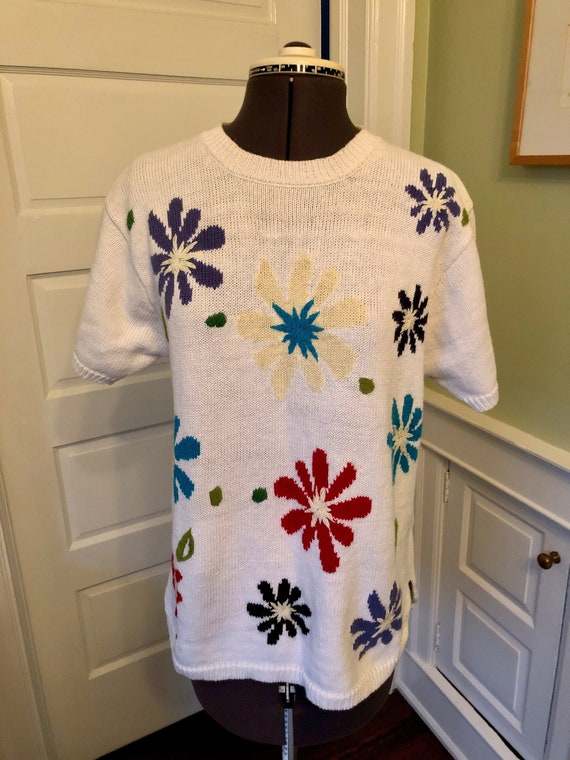 90s Floral Short Sleeved Cotton and Ramie Knit Swe