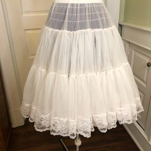70s Sheer White Nylon Tiered Half Square Dance Slip with Lace Hem by Malco Modes | Size  Small
