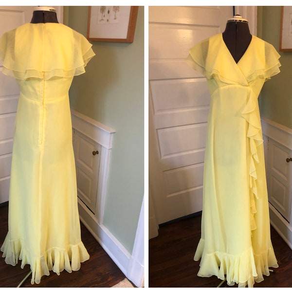 70s Yellow Chiffon Sleeveless Ruffled Prom Dress or Formal | Size Medium