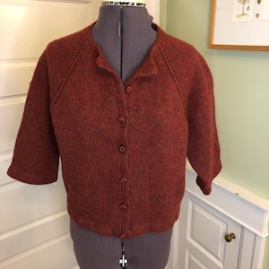 May include: A rust-colored, short-sleeved cardigan sweater with a button-up front. The sweater is displayed on a dress form. The knitwear has a round neckline and raglan sleeves. The background includes a white door and a framed picture.