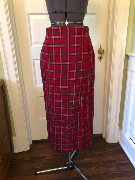 80s-90s Red Plaid Long Wrap Pencil Skirt With Pin by Charter Club