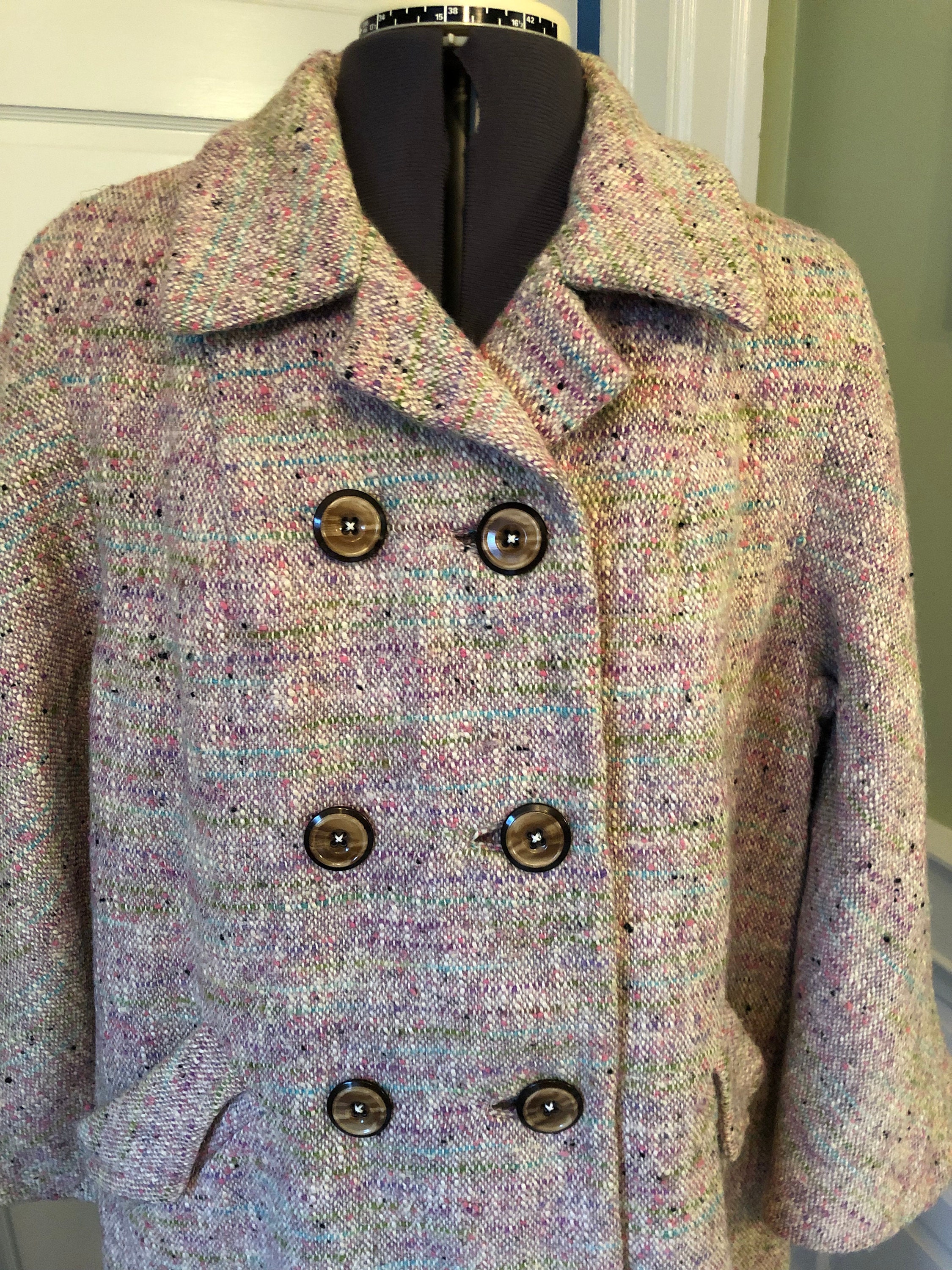 70s Multicolor Tweed Wool Double Breasted Dress Coat With Inset