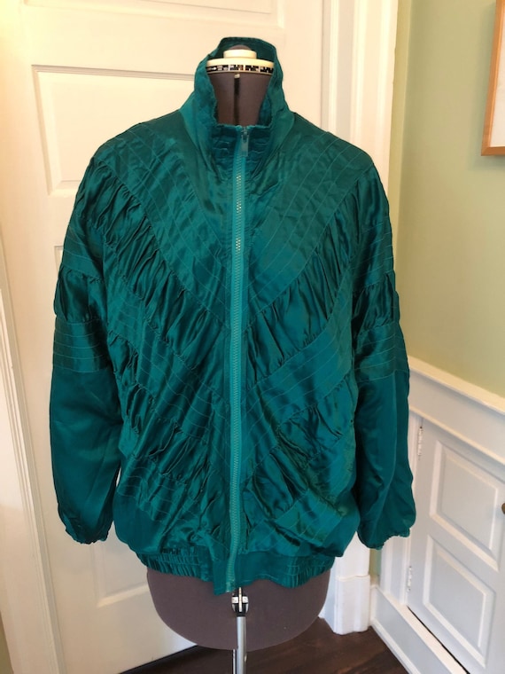 80s Emerald Green Silk Oversized Zipper Jacket With Gathered and