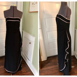 90s Black Chiffon Strapless Formal Gown Prom Dress with Pink Satin Piping and Side Drape Overlay by Bari Jay | Size Medium