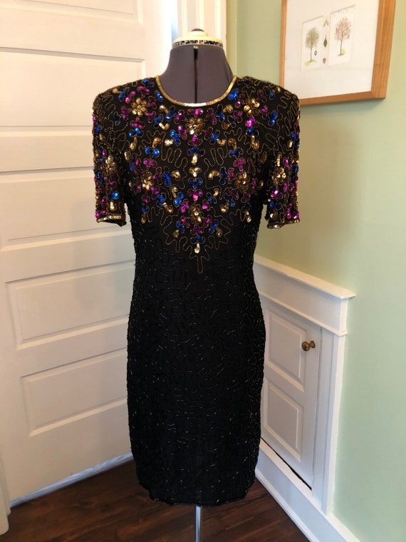80s Black Silk Beaded and Sequined Short Sleeved S