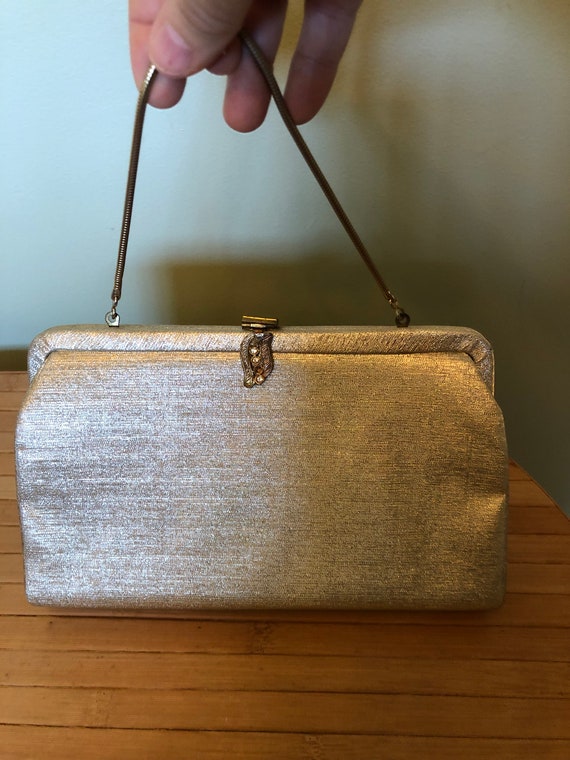 Vintage Gold Lame Metallic Clutch Purse with Gold… - image 3