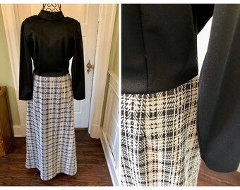 70s Black and Silver Metallic Plaid Double Knit Polyester Long Sleeved Long Formal Dress | Size Medium