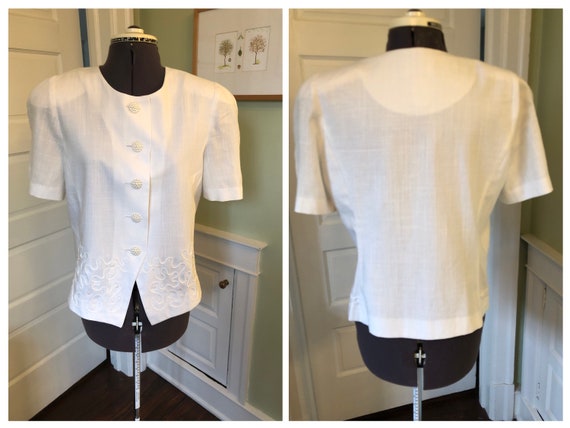 80s White Linen Look Short Sleeved Dressy Blazer … - image 1