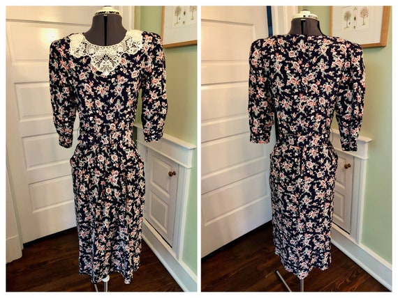 80s Navy and Peach Floral Rayon 3/4 Sleeve Dress … - image 1