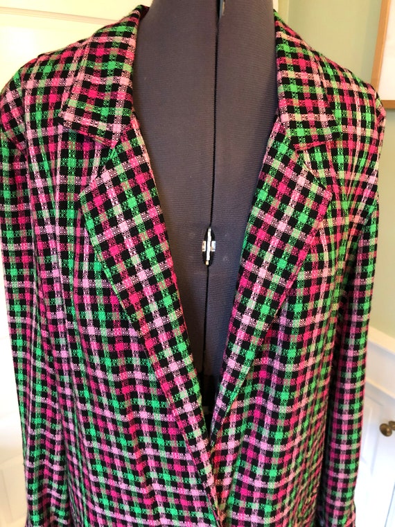 90s Rayon Pink, Green and Black Plaid Long Sleeve… - image 3