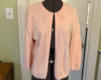 90s Pink Angora Cardigan Sweater with 3/4 Sleeves and Floral Beading by Design Assets | Size Medium