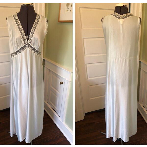 70s Pale sage Green V-Neck Sleeveless Long Satin Nightgown with Empire Waist by Barbizon | Size Large