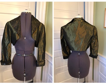 Vintage Olive Green Taffeta 3/4 Sleeved Bolero or Evening Jacket w/ Black/Gold Metallic Lace Collar & Cuffs by Ignite Evenings | Size Large
