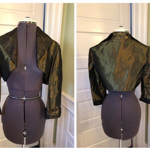 Vintage Olive Green Taffeta 3/4 Sleeved Bolero or Evening Jacket w/ Black/Gold Metallic Lace Collar & Cuffs by Ignite Evenings | Size Large