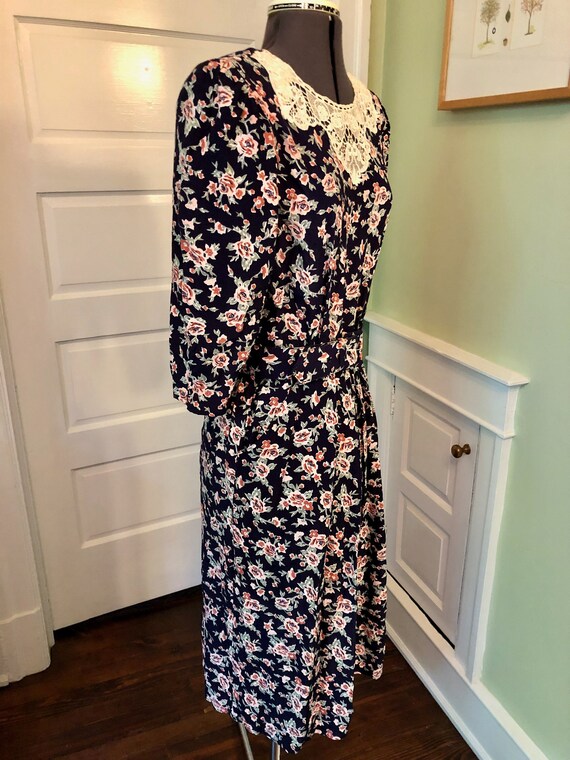 80s Navy and Peach Floral Rayon 3/4 Sleeve Dress … - image 4