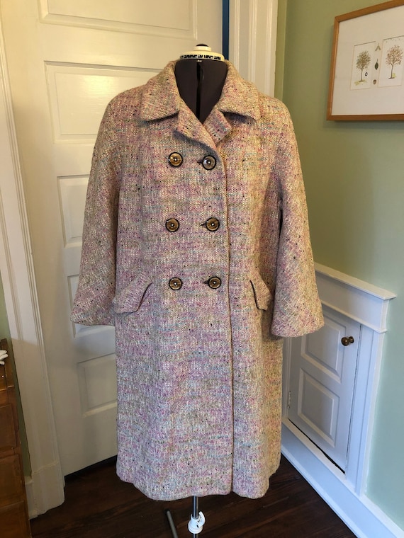 70s Multicolor Tweed Wool Double Breasted Dress Coat With Inset