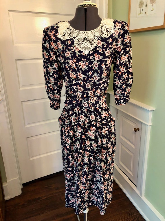 80s Navy and Peach Floral Rayon 3/4 Sleeve Dress … - image 2