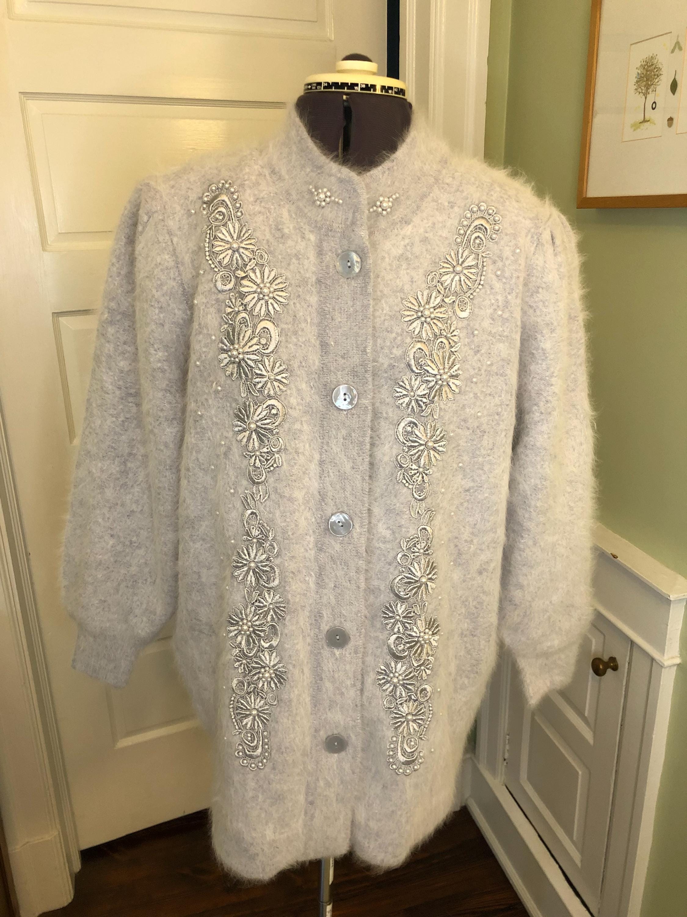 Lee Sands Light Blue Angora Long Sleeved Long Collared Cardigan