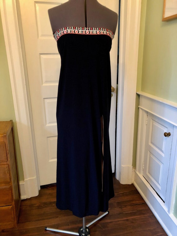 90s Strapless Navy Knit Long Prom Dress with Embro