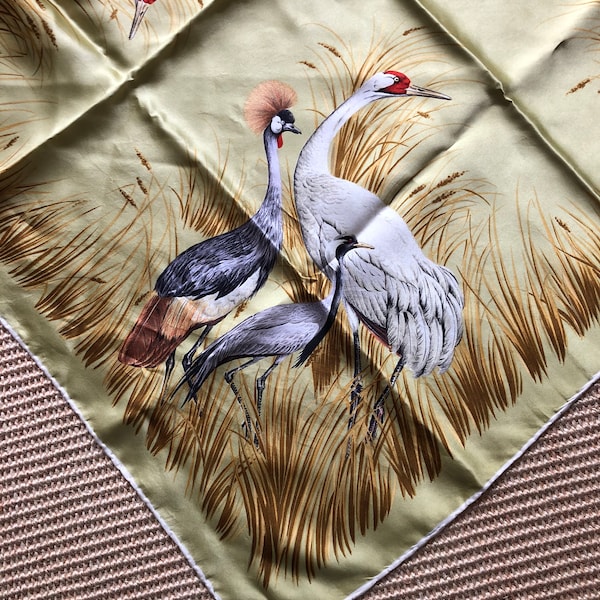 Vintage Light Green Square Silk Satin Scarf with Three Kinds of Water Fowl | 30" x 31"