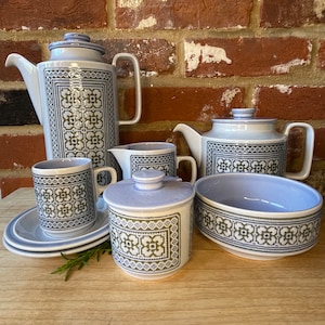 May include: A vintage tea set with a blue and green geometric pattern. The set includes a teapot, creamer, sugar bowl, and a cup and saucer.