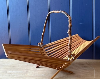 Vintage MCM Wooden Folding Fruit Basket | Mid Century Slatted Wood Basket