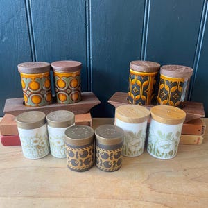 May include: A selection of vintage salt and pepper shakers and spice jars. The jars display diverse patterns, including floral, geometric, and fish motifs. The colour scheme incorporates brown, white, gold, and orange. The lids are crafted from wood and metal.