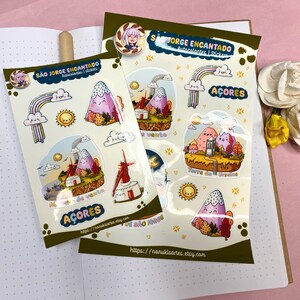 Betoverde Sint-Jorisstickers | Fajãs, molen en toren | illustratie door Nanukis.arte | Glanzende of matte stickers | A5 of A6