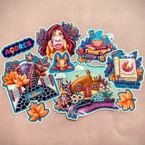 Outono nos Açores | Pack de autocolantes | Elementos outonais | kawaii | ilustração digital | Autocolantes brilhantes à prova de água