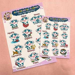 Autocolantes planner Zodíaco | Vaquinha Vaidosa | kawaii | ilustração Nanukis.arte | Autocolantes brilhantes ou mate | A5 ou A6