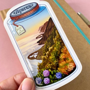 Pegatina Fajãs do Norte | Fajãs de San Jorge | São Jorge embotellado | Pegatinas brillantes impermeables | Ilustraciones digitales