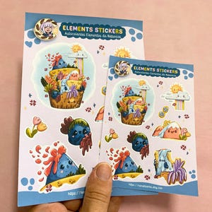 Elementen van de natuurstickers | Lucht, water, vuur en aarde | kawaii | illustratie Nanukis.arte | Glanzende of matte stickers | A5 of A6