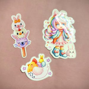 Paasstickers | Kip, schattige kebab en konijnenmeisje | kawaii | Glanzende waterdichte sticker | digitale illustratie
