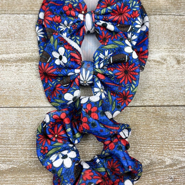 Buffalo Bills Floral •Hand Tied Bows and Sewn Scrunchies• Nylon headband, Headwrap, Piggies, or Alligator Clip