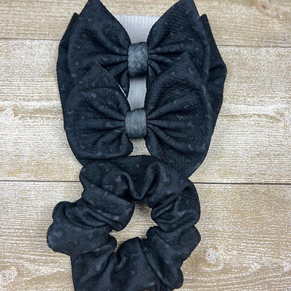 Black Leopard •Hand Tied Bows and Sewn Scrunchies• Nylon headband, Headwrap, Piggies, or Alligator Clip